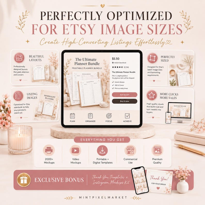 May include: A digital marketing graphic for Etsy sellers featuring a tablet displaying a planner bundle listing. The layout includes text headers, feature icons, and promotional sections for templates, mockups, and commercial use rights.