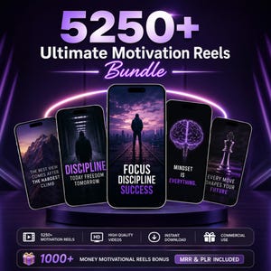 May include: A digital product bundle featuring five smartphones displaying motivational imagery and text including Focus Discipline Success, Discipline Today Freedom Tomorrow, and Mindset Is Everything, set against a purple glowing background.