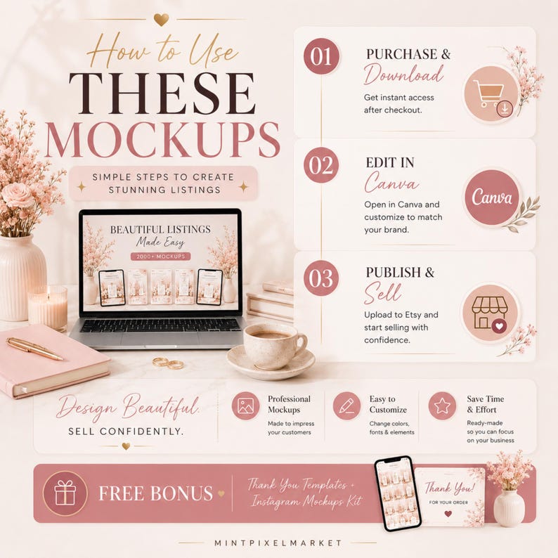 May include: An instructional graphic titled How to Use THESE MOCKUPS with three numbered steps: Purchase & Download, Edit in Canva, and Publish & Sell. It features a laptop, a notebook, a pen, a coffee cup, and a bonus section for thank you templates.