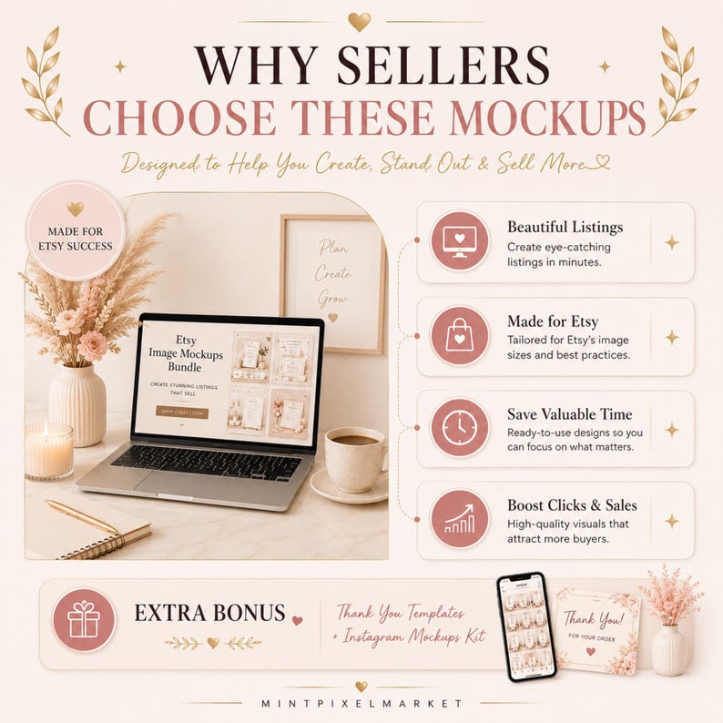 May include: A digital marketing graphic titled Why Sellers Choose These Mockups, featuring a laptop displaying product images, a vase with dried flowers, a coffee cup, and a list of benefits including beautiful listings and time savings.