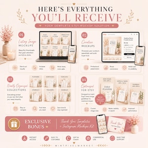 May include: A digital marketing infographic titled HERE'S EVERYTHING YOU'LL RECEIVE, showcasing four sections of Etsy mockup solutions, including listing image mockups, creative mockups, organized collections, and Etsy-optimized image templates.