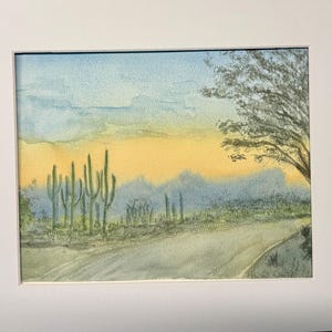 Tucson Sunset Glow -  Original Watercolor Painting | Arizona Desert Road | Saguaro Art