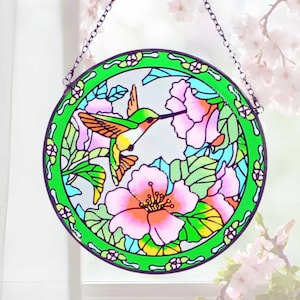 Handcrafted Hummingbird & Flower Stained Glass Suncatcher – Vibrant Window Hanging Decor
