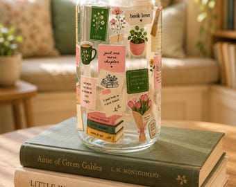 Classically Bookish, Glass Can Cup, Tumbler with Bamboo Lid and Glass Straw, 16 oz