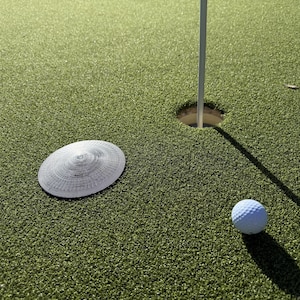 May include: A golf green with a white golf ball near the hole. A white disc-shaped ball marker sits on the green. The flagstick casts a long shadow on the green.