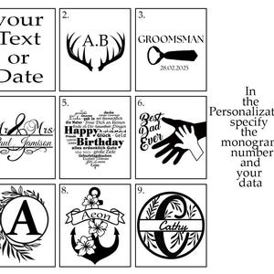 May include: A collection of personalized design options, each in a square frame. Designs include text, initials, antlers, a tie with a date, a Mr. & Mrs. design, a birthday message, a hand-in-hand graphic, a floral initial, an anchor, and a monogram.
