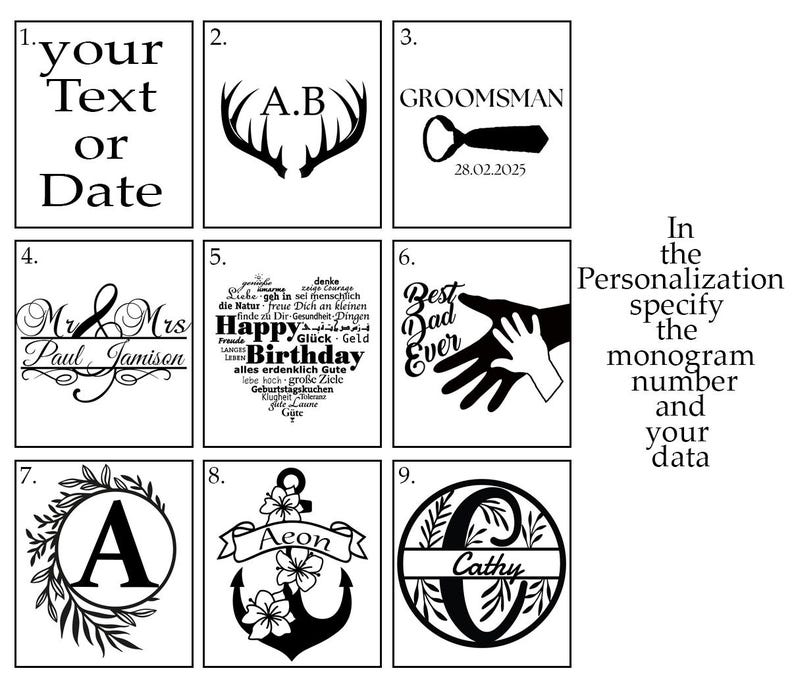 May include: A collection of personalized design options, each in a square frame. Designs include text, initials, antlers, a tie with a date, a Mr. & Mrs. design, a birthday message, a hand-in-hand graphic, a floral initial, an anchor, and a monogram.