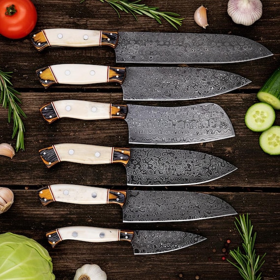 Handmade Damascus Chef Knife Set: Bone Handle, Leather Roll