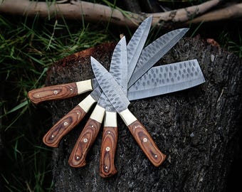 Handmade Damascus Chef Knife Set: 5-Piece Professional Kitchen Knives with Leather Roll