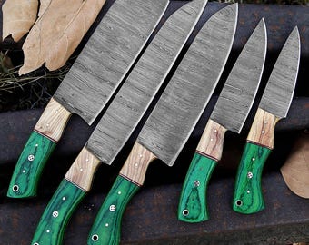 Handmade Damascus Chef Knife Set: Personalized Packwood Handle, Leather Roll