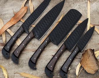 Handcrafted Chef Knife Set: High-Carbon Black Blades, Dark Wood Handles