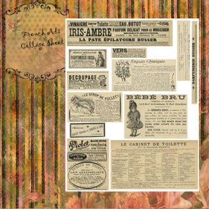 Op de afbeelding: Een collageblad met vintage Franse advertenties. De advertenties tonen producten zoals parfum, haarverzorging en babyproducten. De advertenties zijn gedrukt in zwart-wit op een vergeelde papierachtergrond. Het blad is versierd met een bloemige rand.