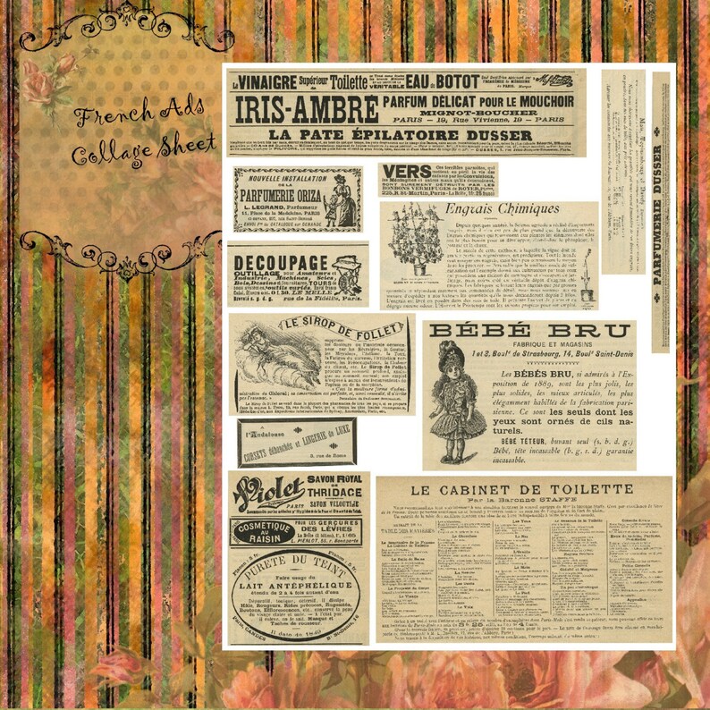 Op de afbeelding: Een collageblad met vintage Franse advertenties. De advertenties tonen producten zoals parfum, haarverzorging en babyproducten. De advertenties zijn gedrukt in zwart-wit op een vergeelde papierachtergrond. Het blad is versierd met een bloemige rand.