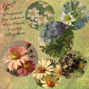 Instant Download Printable Collage Sheet 1-inch circles - Catherine Klein Floral Images