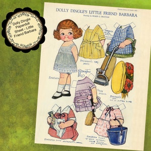 May include: A vintage paper doll set featuring a young girl named Barbara. The set includes various outfits, accessories, and a hat. The paper doll is dressed in a blue dress with white lace trim and white socks. The paper doll is holding a broom and a vacuum cleaner. The paper doll is standing on a yellow background.