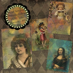 Digital Download Printable Collage Sheet - 2.5 x 3.5 ATC size Backgrounds, Color Portraits