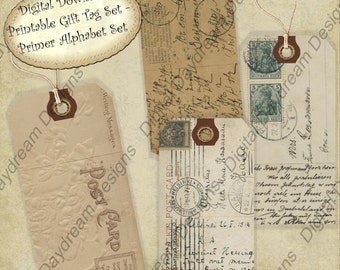 Instant Download Printable Collage Sheet Gift Tag Set - Grunged Postcards