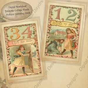 Digital Printable Collage Sheet One Two Buckle My Shoe Victorian Counting Cards