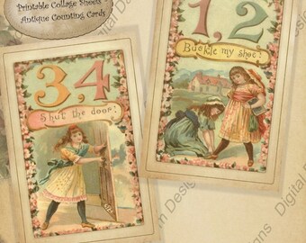 Digitale afdrukbare collage blad één twee gesp mijn schoen Victoriaanse telkaarten