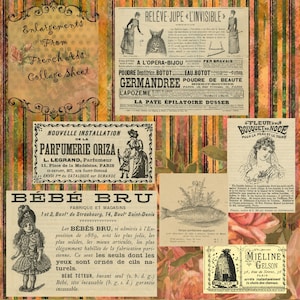 Op de afbeelding: Een vintage collageblad met Franse advertenties uit de late 19e eeuw. De collage bevat advertenties voor schoonheidsproducten, kleding en een poppenfabrikant. De advertenties zijn in zwart-wit gedrukt op een cr&egrave;mekleurige achtergrond. De collage is omgeven door een decoratieve rand.