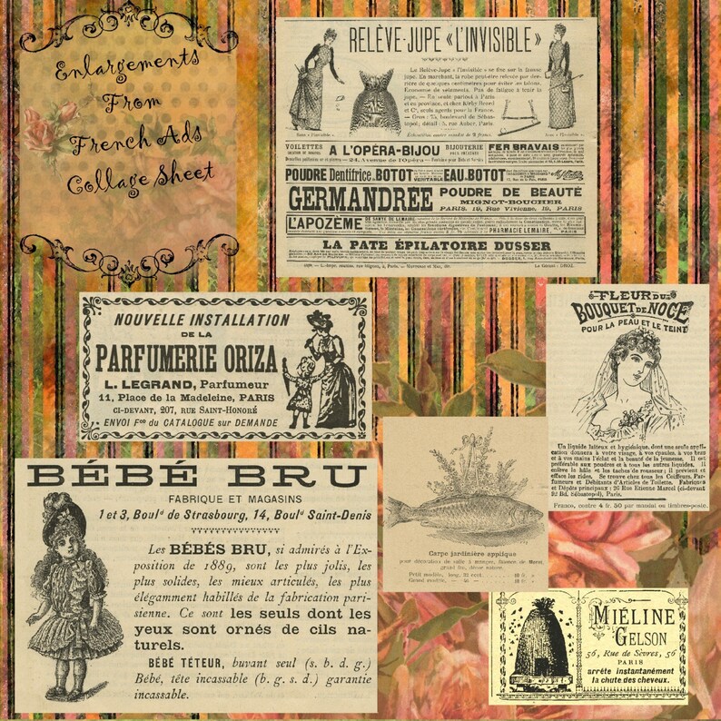 Op de afbeelding: Een vintage collageblad met Franse advertenties uit de late 19e eeuw. De collage bevat advertenties voor schoonheidsproducten, kleding en een poppenfabrikant. De advertenties zijn in zwart-wit gedrukt op een cr&egrave;mekleurige achtergrond. De collage is omgeven door een decoratieve rand.