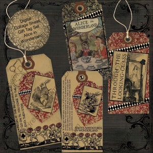 Instant Download Digital Collage Sheet Gift Tag Set - Alice in Wonderland in Black and Red