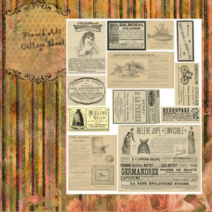 Op de afbeelding: Een collageblad met vintage Franse advertenties. Het blad bevat advertenties voor schoonheidsproducten, fietsen en huishoudelijke artikelen. De advertenties zijn in zwart-wit gedrukt op een cr&egrave;mekleurige achtergrond. Het blad is versierd met een bloemige rand.