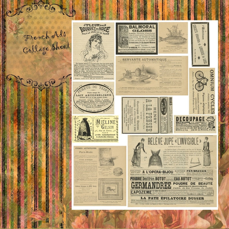 Op de afbeelding: Een collageblad met vintage Franse advertenties. Het blad bevat advertenties voor schoonheidsproducten, fietsen en huishoudelijke artikelen. De advertenties zijn in zwart-wit gedrukt op een cr&egrave;mekleurige achtergrond. Het blad is versierd met een bloemige rand.