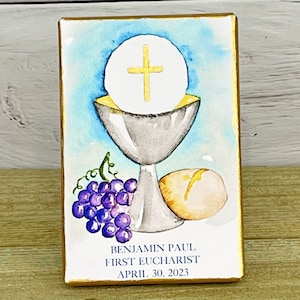 First Eucharist Communion Personalized Watercolor on Canvas Silver Chalice with Gold Accents Catholic Religious Art Print 4x6