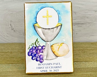 First Eucharist Communion Personalized Watercolor on Canvas Silver Chalice with Gold Accents Catholic Religious Art Print 4x6