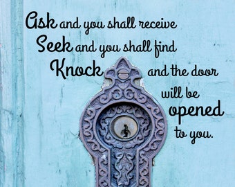 Ask and You Shall Receive Mark 7:7 Bible Verse Digital Download Scripture Antique Key Lock Keyhole Door