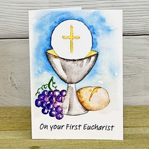 First Eucharist Communion Watercolor Silver Chalice Catholic Religious Art Card 5x7