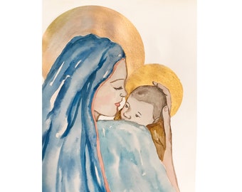 Blessed Mother Mary with Baby Jesus Watercolor with Gold Accents Virgin Mother Mary Catholic Religious Art Print 8X10