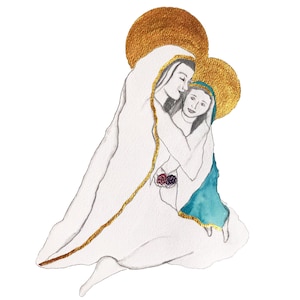 Saint Anne and Young Mary Sketch and Watercolor with Gold Accents Virgin Mother Mary Catholic Religious Art Print 8X10
