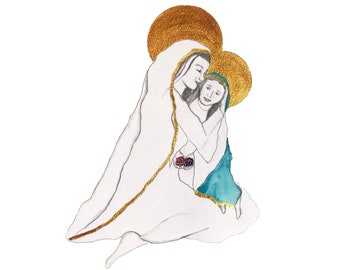 Saint Anne and Young Mary Sketch and Watercolor with Gold Accents Virgin Mother Mary Catholic Religious Art Print 8X10