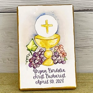 First Eucharist Communion Personalized Watercolor on Canvas with Gold Accents Catholic Religious Art Print 4x6