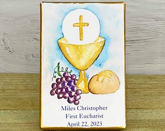 First Eucharist Communion Personalized Watercolor on Canvas Gold Chalice with Gold Accents Catholic Religious Art Print 4x6