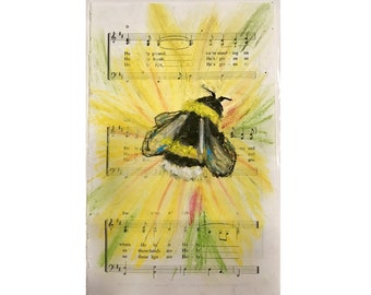 Bumblebee on Yellow Flower Oil Pastel on Vintage Sheet Music Catholic Religious Art Original