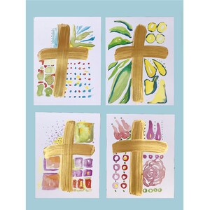 Four watercolor floral abstract impressionistic cross prints with hand painted gold details 4.25&#39;x5.5&quot;