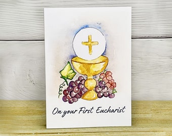 First Eucharist Communion Watercolor Gold Chalice Grapes Flowers Catholic Religious Art Print Card 5x7"