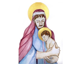 Father's Day Card with Envelope Saint Joseph Holding Baby Jesus Watercolor Gold Accents Catholic Art Print 5X7