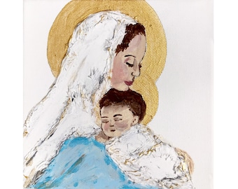 Mother's Day Card with Envelope Blessed Mother Mary Holding Baby Jesus Gold Accents Catholic Art Print 5X7