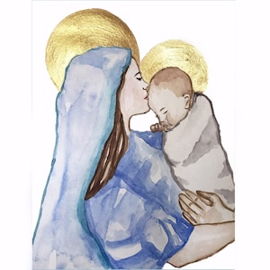 Ave Maria Blessed Mother Mary with Baby Jesus Watercolor with Gold Accents Virgin Mother Mary Catholic Religious Art Print 5x7