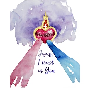 Sacred Heart Divine Mercy Jesus I Trust In You Print 8x10 5x7 Catholic Watercolor Gold Accent