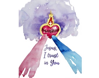 Sacred Heart Divine Mercy Jesus I Trust In You Print 8x10 5x7 Catholic Watercolor Gold Accent