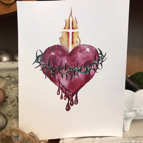 Holy Family Sacred Hearts Jesus Mary Joseph Watercolor Print 8x10