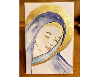 Blessed Mother Mary Mantle Watercolor on canvas print with Gold Accents Virgin Mother Mary Catholic Religious Art 4x6