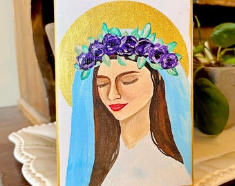 May Crowning Blessed Mother Mary Flower Crown Customizable canvas print with Gold Accents Virgin Mother Mary Catholic Religious Art 4x6
