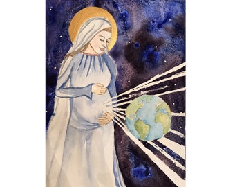 Mother's Day Card with Envelope Ark of the Covenant Blessed Mother Mary Pregnant with Jesus Watercolor Gold Accents Catholic Art Print 5X7
