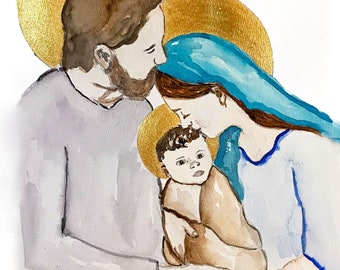 Holy Family Jesus Mary Joseph Nativity Watercolor Painting print 8x10" or 5x7"